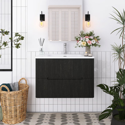 30 In. W Single Sink Wall Mounted Bath Vanity With White Ceramic