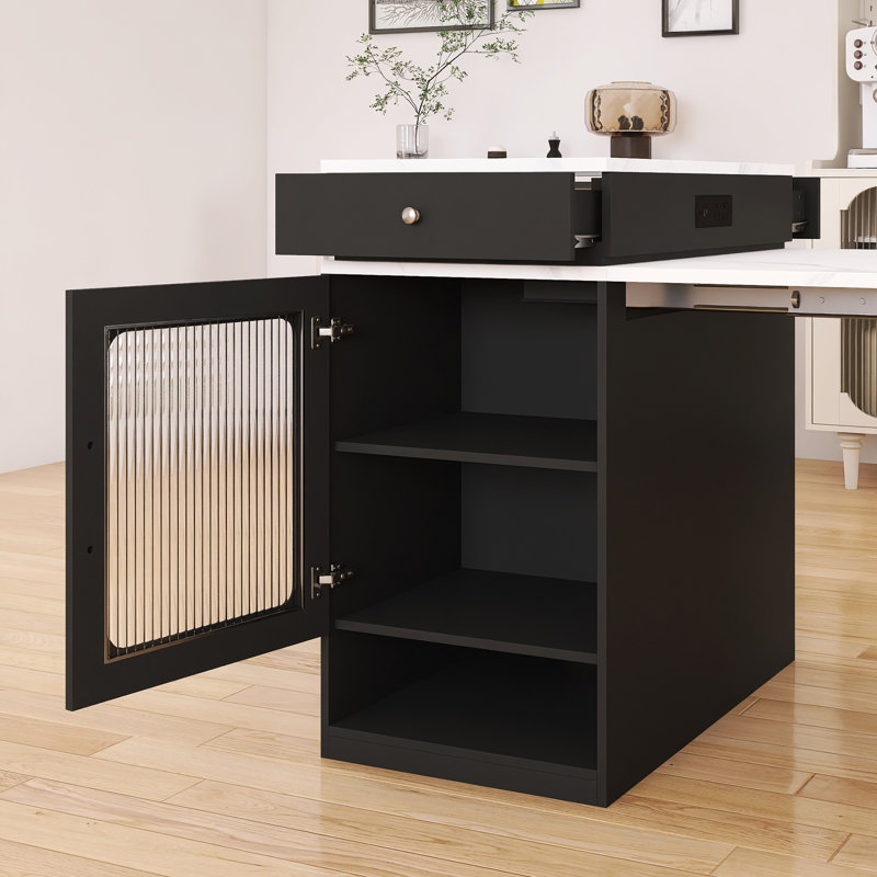 Table de salle à manger rectangulaire extensible 59,50 "avec prise de courant et rangement double-face, Blanc, Noir