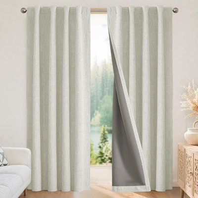 Rideaux en lin occultant texturé 100% beige clair, rideaux obscurcissants et isolants avec passe-tringle et pattes arrière