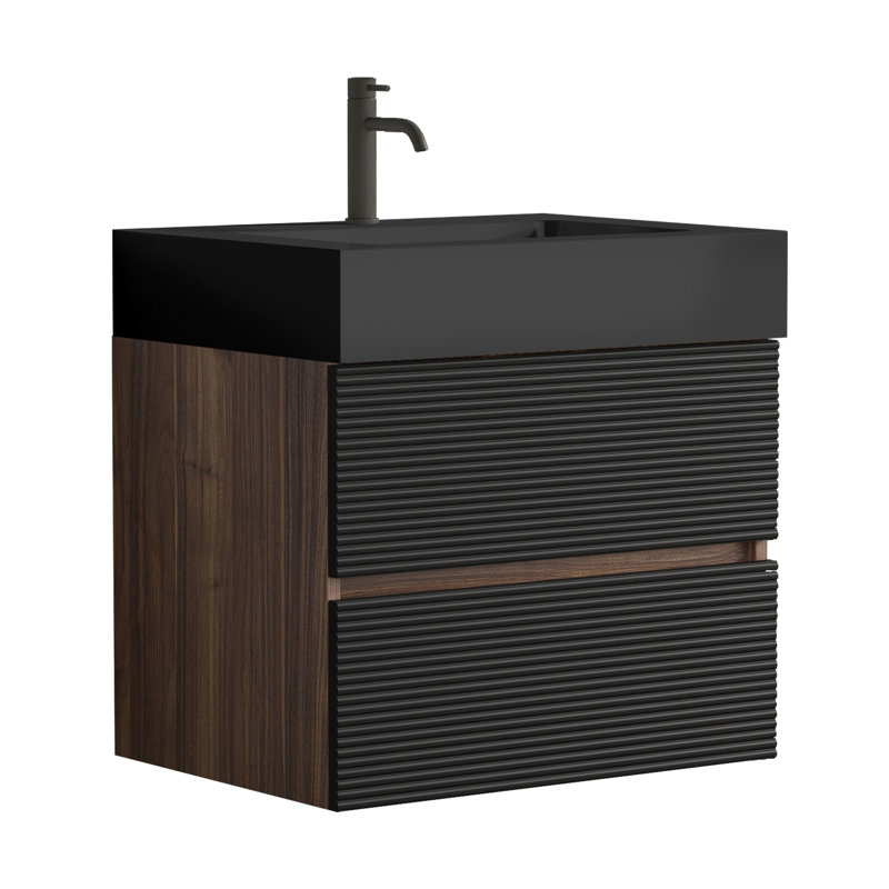 24'' Bathroom Vanity With Matt Black Engineered Quartz Sink And Soft Black Drawers, Wall Mounted Floating Bathroom Vanity For Modern Bathroom, One-Piece Matt Black Basin, KD