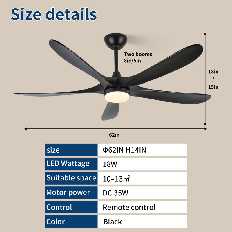 Ventilateur de plafond extérieur 62 pouces noir mat à 5 pales en bois avec éclairage et télécommande, moteur à courant continu, ventilateur à hélice moderne pour patio, porche, garage
