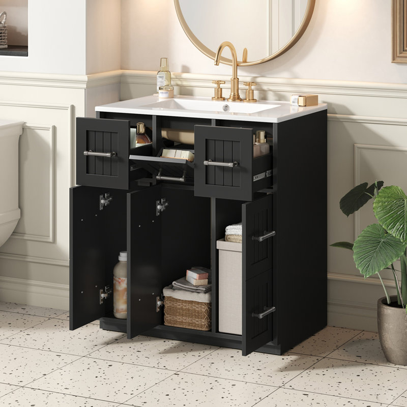 Meuble-lavabo de 30 po avec lavabo encastré et tiroirs, surface peinte, portes à fermeture en douceur, Noir