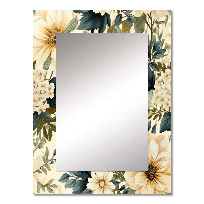 Antique Beige And Blue Peonies Flowers - Floral Decorative Mirror, Cottage Large Wall Mirror, Printed Metal Art, 32" x 24"