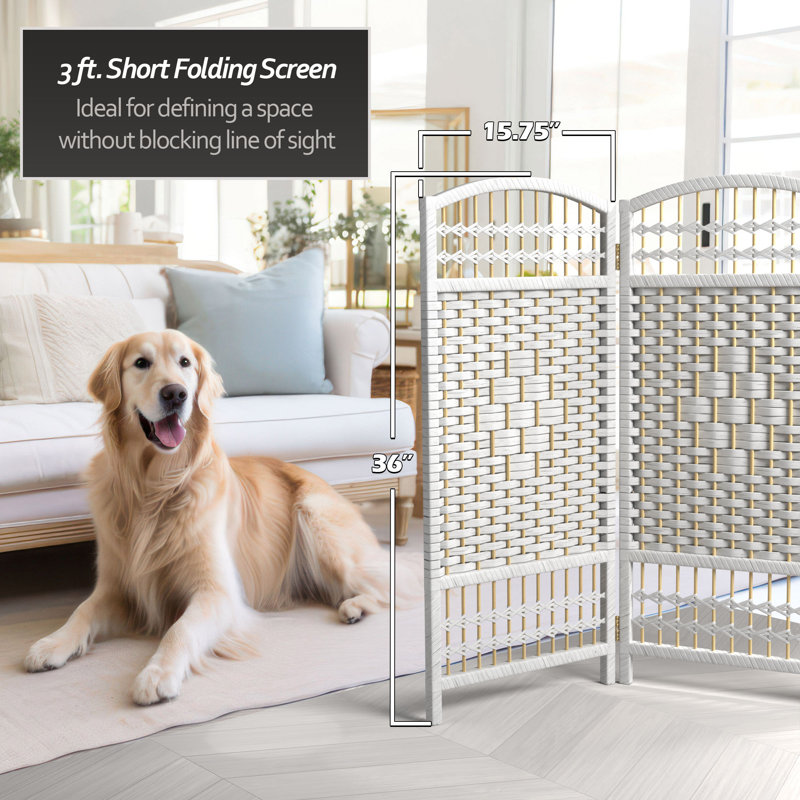 Short Fiber Weave Folding Screen, 4, White, 35.5"H