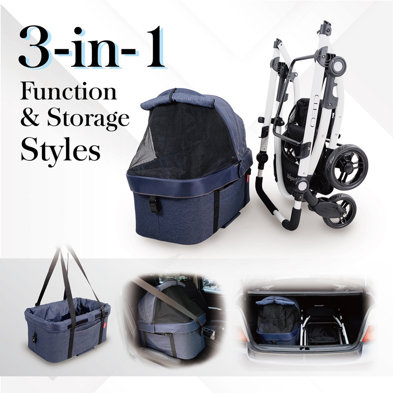 Blue Denim 3-in-1 Pet Stroller with Removable Carrier