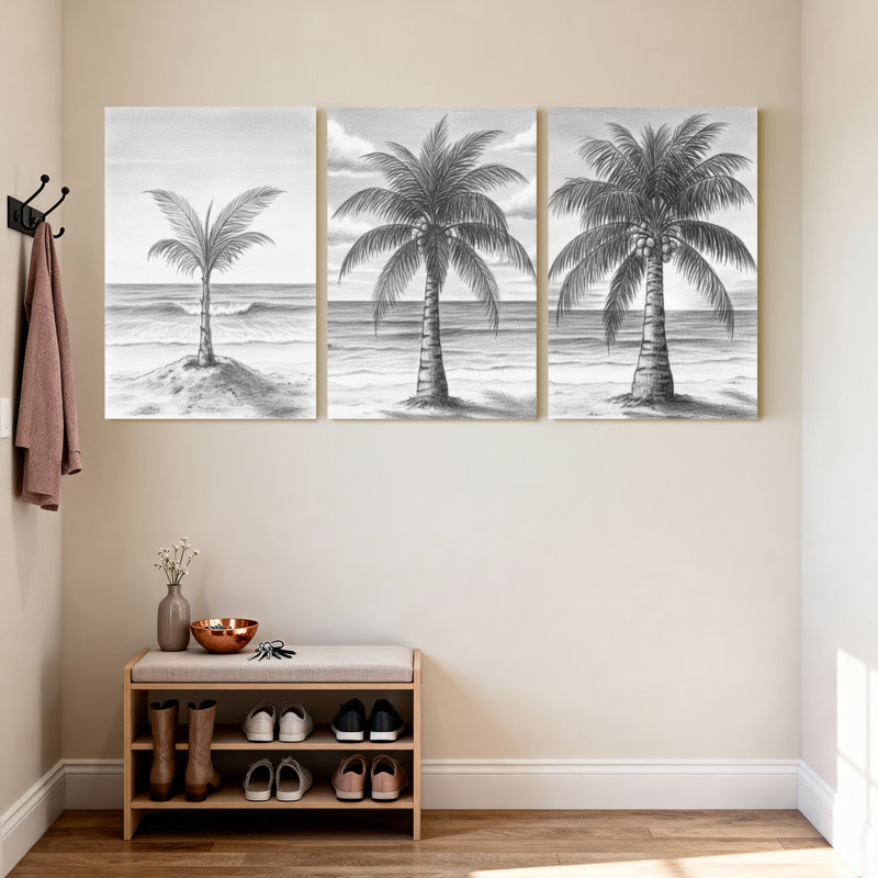 Palmiers, ensemble de 3 reproductions d'art sur toile, "Palmier noir et blanc", H 18 po x l 36 po