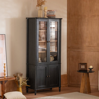 73.25''H Vintage Display Cabinet With Storage, Mid-Century Modern Pantry Cabinet With Glass Doors, Curio Cabinet For Hallways, Livingroom Kitchen & Office