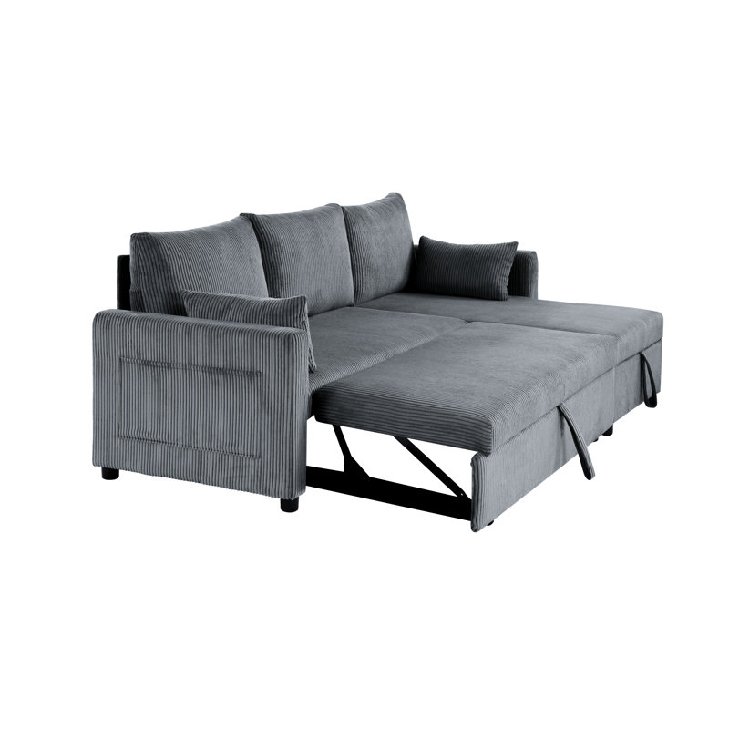85" Pull Out Sleeper Sofa Bed, L-Shaped Corduroy Sectional with Hidden Storage Chaise for Small Spaces, Gray