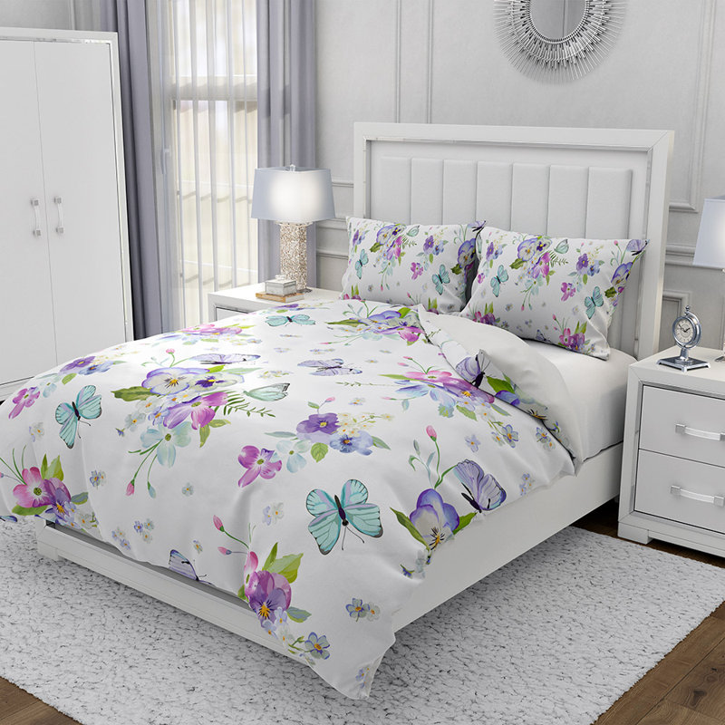  Ensemble de housse de couette en microfibre 3 pièces blanc et mauve, Housse de couette simple et deux taies décorative