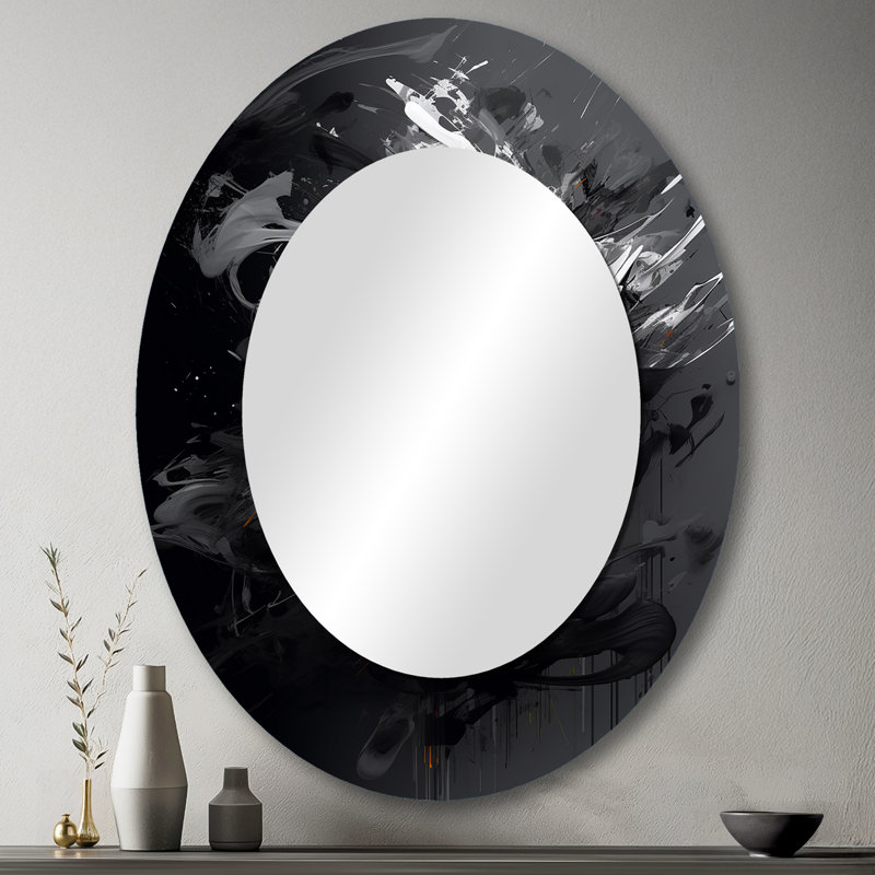 Exploring The Depths Of Black Marble IX - Abstract Oval Decorative Mirror On Metal, 43" x 33"