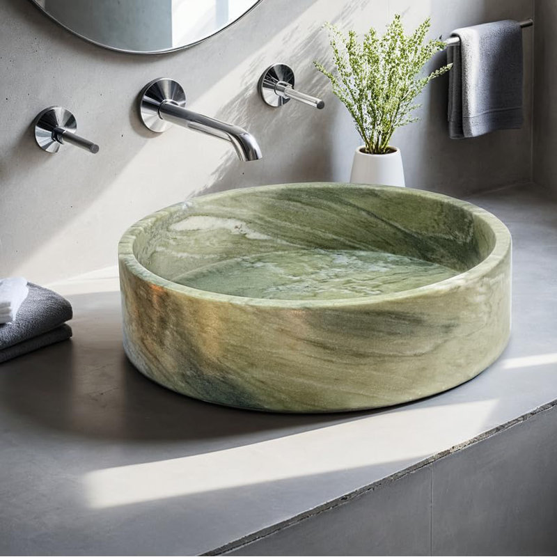Green Marble Cylindrical Vessel Sink – 16.14 x 16.14 Inch Handcrafted Verde Laguna Marble Sink