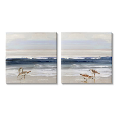 " Birds On Beach Shore Ocean Waves Blue Sky Landscape " by Sally Swatland 2 - Pieces