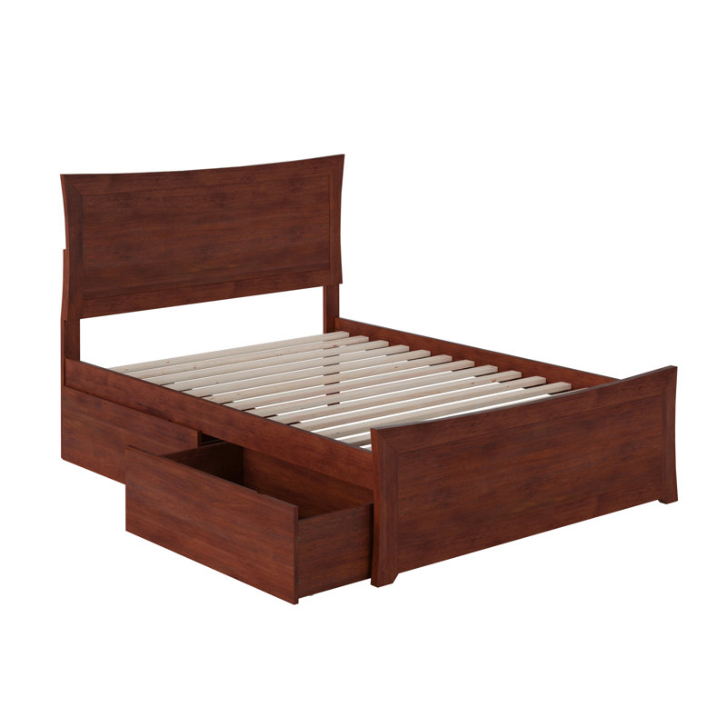 Lit plateforme en bois massif Daury avec pied de lit et tiroirs de rangement assortis, Double, Noyer