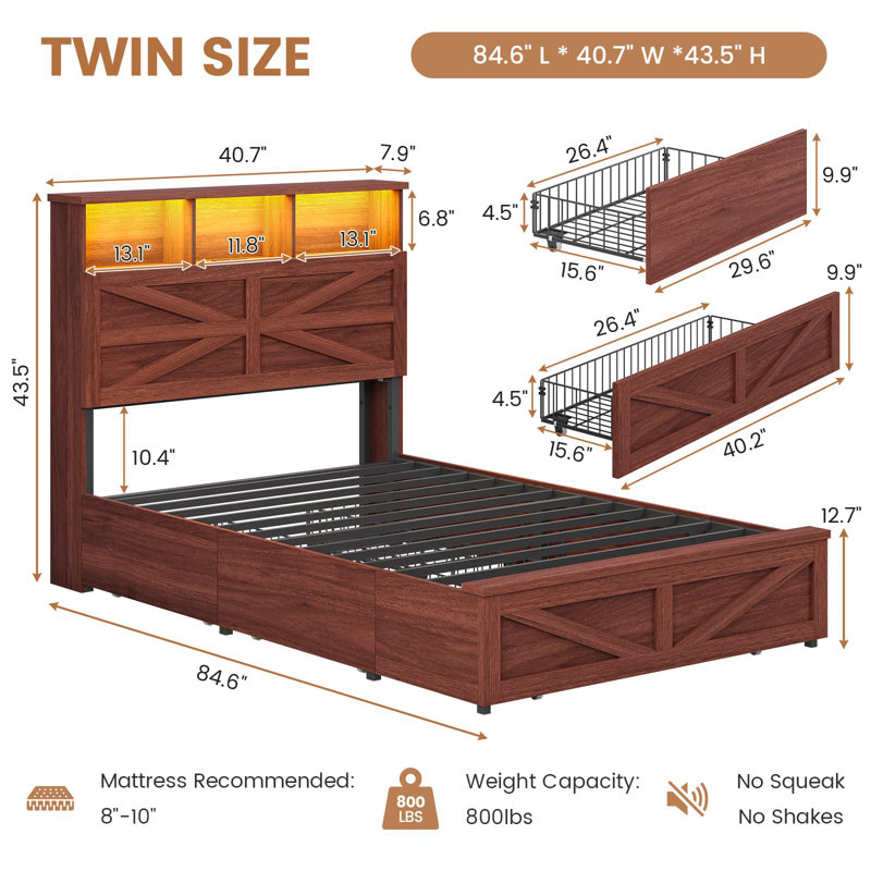 Wood Twin Bed Frame with 5 Drawers and Spacious Storage Headboard Farmhouse LED Metal Platform Bed with Charging Station No Boxing Need