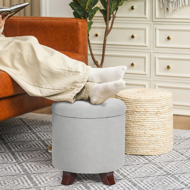 Storage Ottoman With Padded Seat, Modern Cotton-Linen Footrest, Round Stool For Living Room Bedroom, Gray
