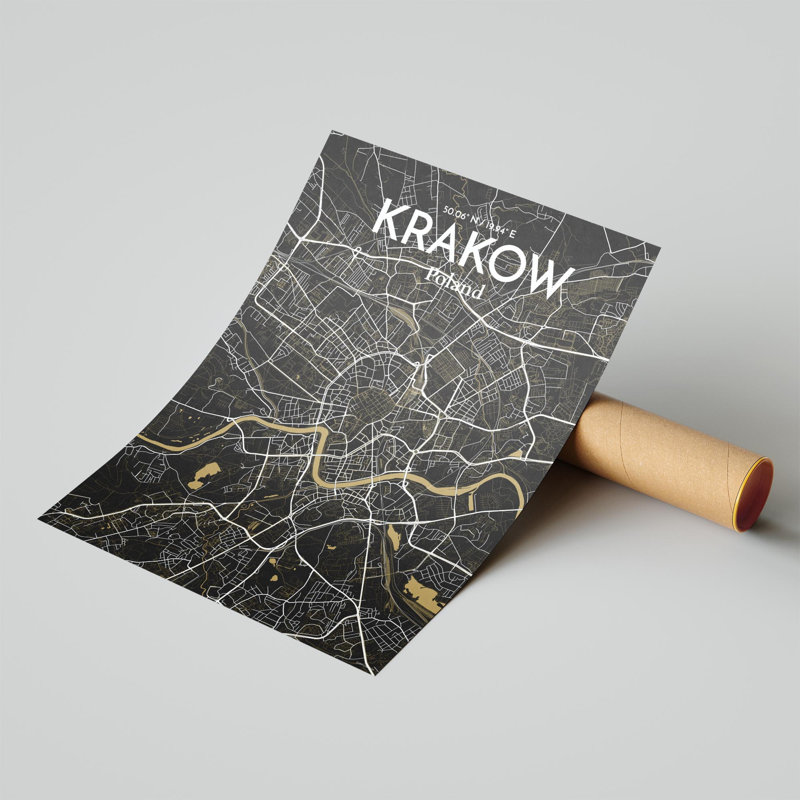 «Krakow City Map», impression de luxe, H 24 po x l 18 po, Noir et or