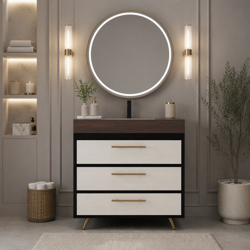 Freestanding Standard Free Standing Single Double Single Vanity Bathroom Vanity With Stone Top, Black,Gold,Walnut,White