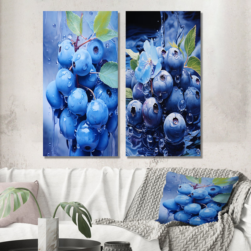 Celestial Cyan Blueberry Bliss Fruit - Fruits Wall Decor Set Of 2, 28" H x 25" W, Wrapped Canvas
