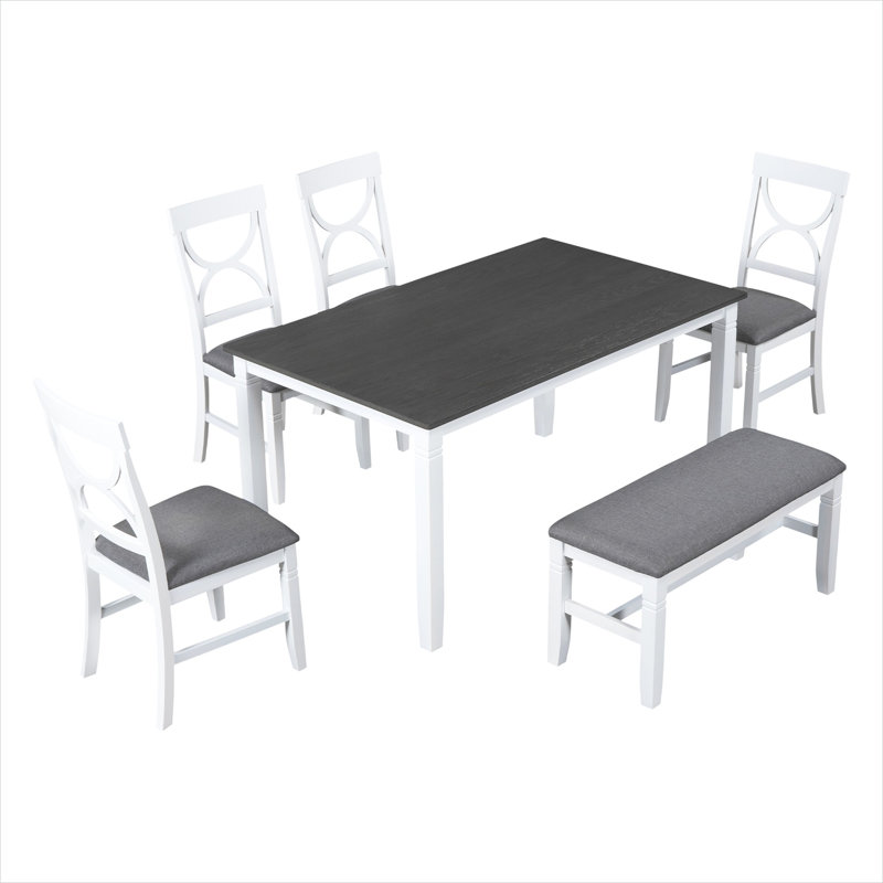 Ensemble de salle à manger 6 pièces rectangulaire avec banc et 4 chaises blanches classiques, bois massif, plateau gris