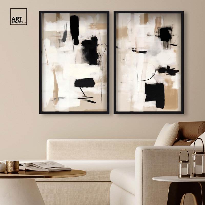 Ensemble de décor mural abstrait « Shadowbox Print » – Ensemble de décor mural bohème doré par Art Remedy, cadre noir, 10 x 15