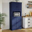 Garde-manger campagnard bleu marine avec tablettes ouvertes et compartiment à micro-ondes | Grande armoire de rangement avec tablettes réglables-1751611658