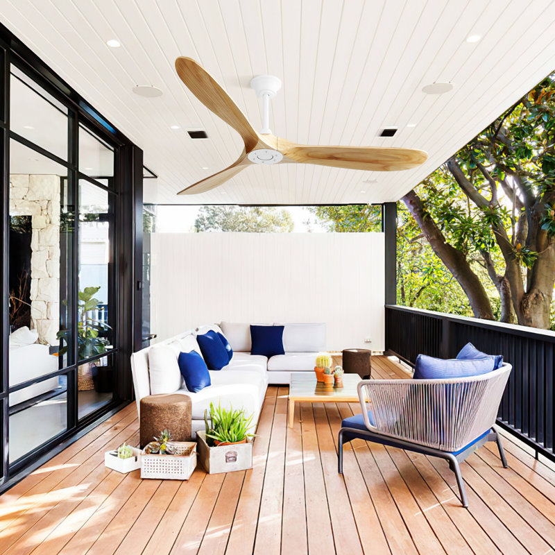 60 Inch Indoor Modern Ceiling Fan With 6 Speed Remote Control 3 Solid Wood Blade For Living Room, Wood, White