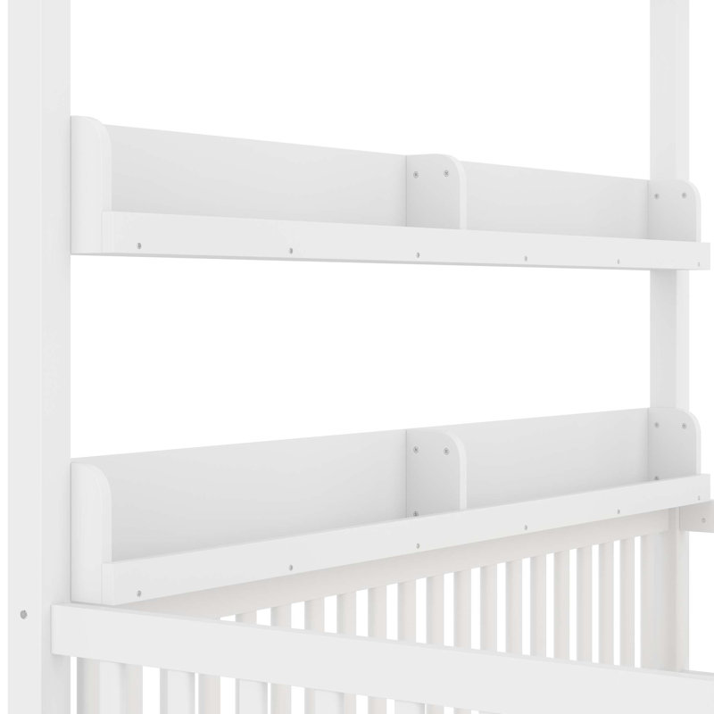 Lit à baldaquin avec garde-corps, lit en bois massif avec tablettes, cadre de lit Montessori pour enfants, sans sommier
