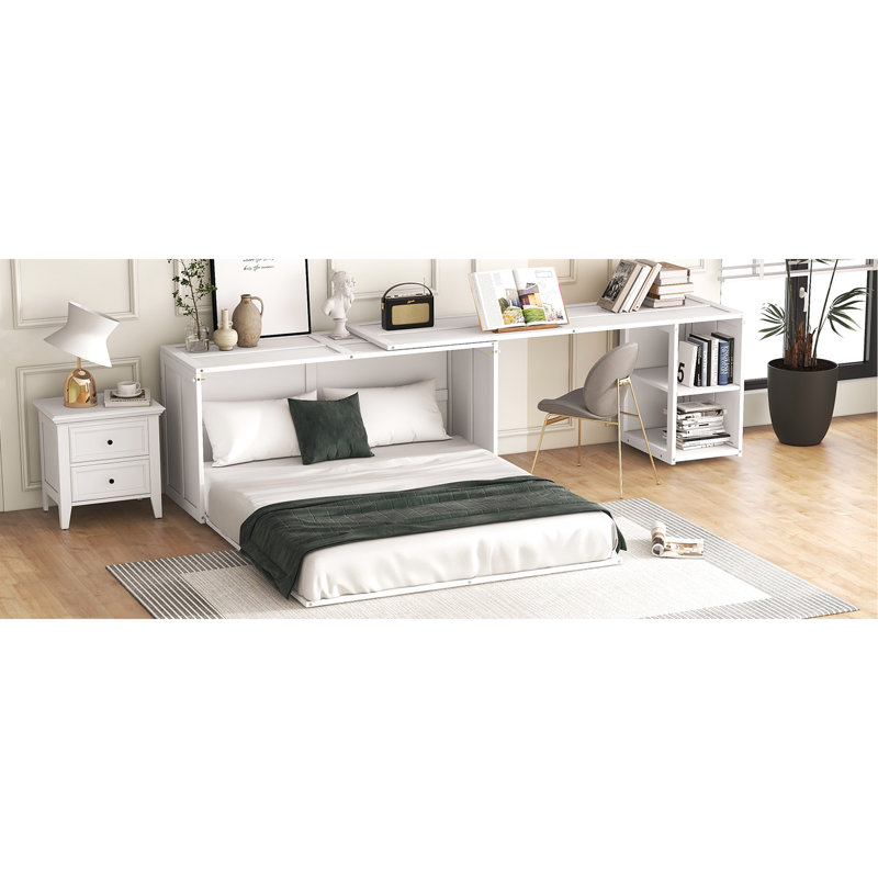 White Bed With Versatile Office Desk, Queen - Framework Removable Study Space Saving,