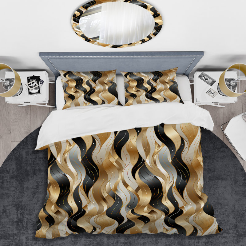 Ensemble de housse de couette doré et blanc champagne, Housse de couette pour grand lit et 2 taies décor