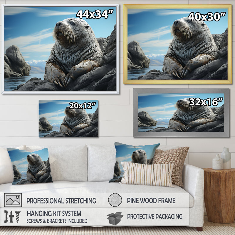 Morse côtier majestueux sur toile, H 12 po x l 20 po x P 1 po, Cadre flottant blanc