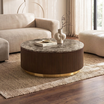 Kirtin Genuine Marble Round Cocktail Table With Gold Accent Base