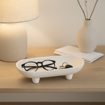 Bol décoratif en grès en céramique moderne à base de pieds de style décontracté pour bureau à domicile, chambre à coucher, salon, présentation ou rangement, accessoire de table, accessoire de table - blanc