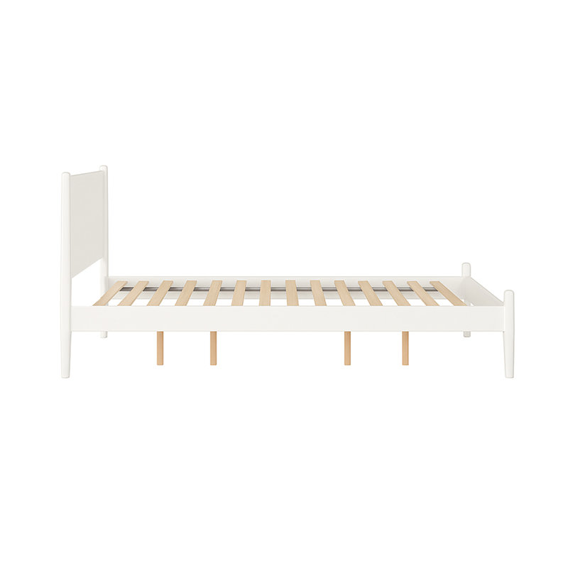 Lit plateforme blanc Mid-Century pleine grandeur, artisanat en bois, pieds fuselés ronds, ensemble de lattes, aucun sommier nécessaire pour les boiseries de la chambre à coucher,