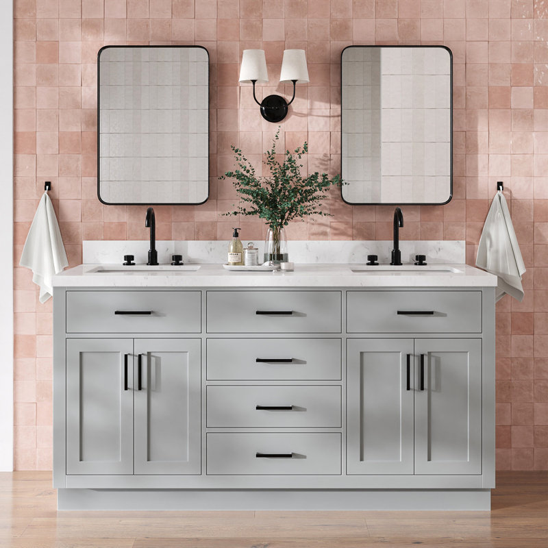 Meuble-lavabo double en bois massif 66 po avec plateau en quartz Carrara de 1,5 po Thornaby, Forme rectangulaire