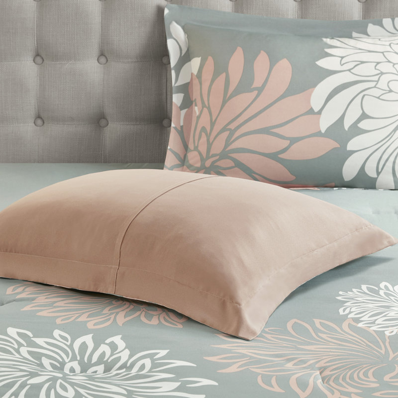 Blush and Gray Floral Microfiber Comforter Set, Full