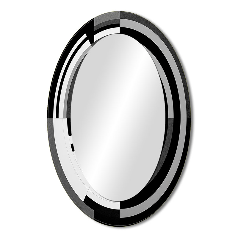 Bauhaus Black And White Circular Minimalism III - Abstract Oval Decorative Mirror On Metal, 36" x 24"