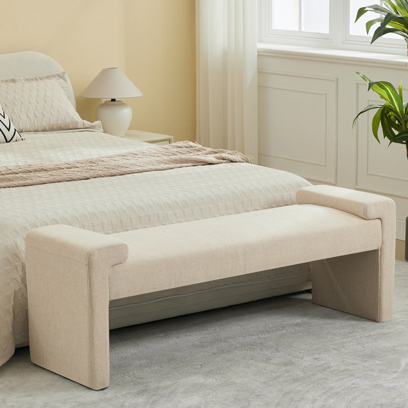 58.6" W Upholstered Bedroom Bench, Tan Linen, 20.6" H x 58.6" W x 17.3" D