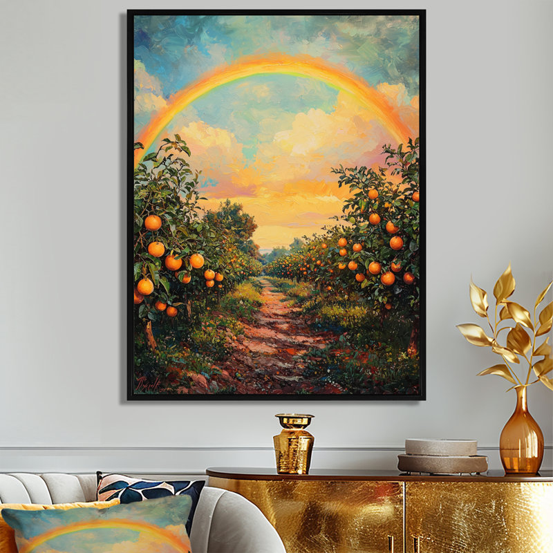 «Countryside Rainbow Over The Orchard I» - art mural arc-en-ciel, H 20 po x l 12 po, Reproduction avec cadre flottant, Noir