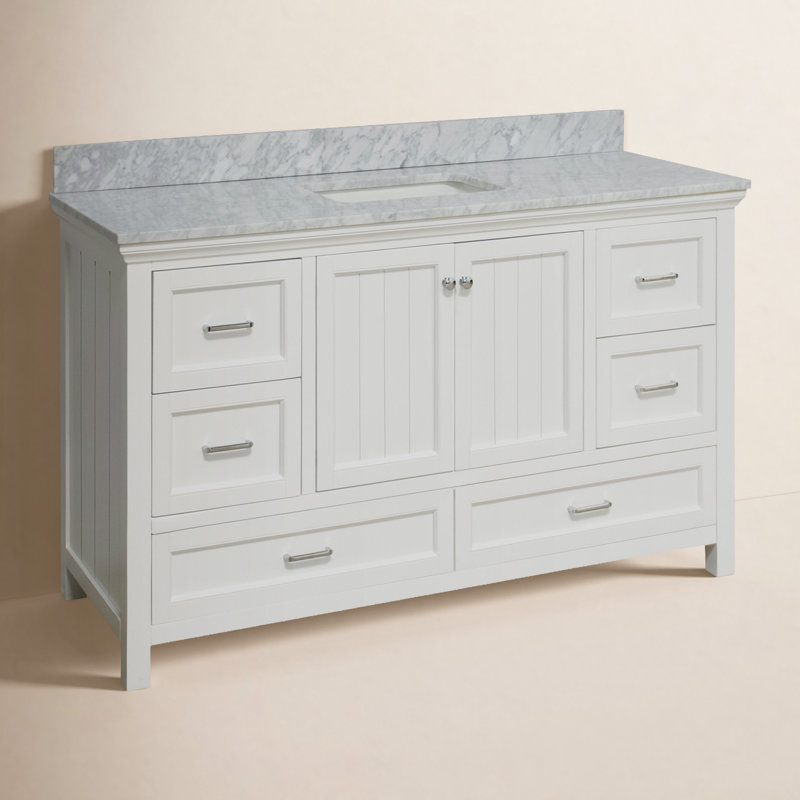 Ensemble de meuble-lavabo simple 60 po avec meuble blanc et comptoir en marbre de Carrare Maven, Blanc
