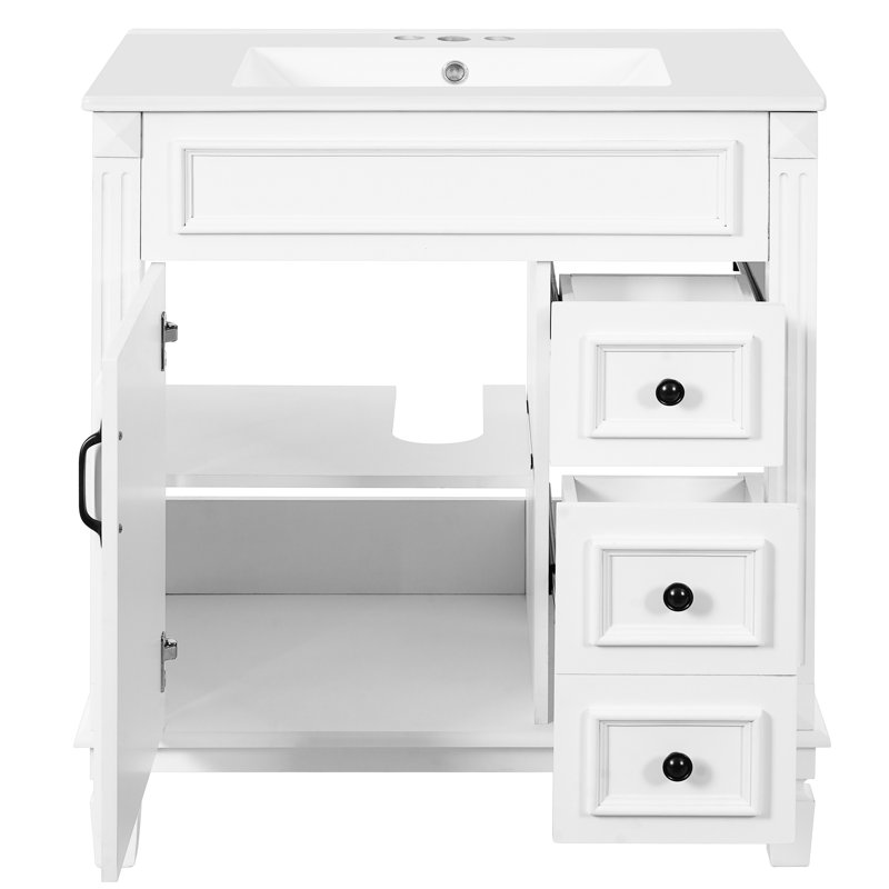 Meuble-lavabo de 76 cm avec lavabo en céramique, 2 tiroirs et tablette réglable - Glissement fluide pour les petits tiroirs