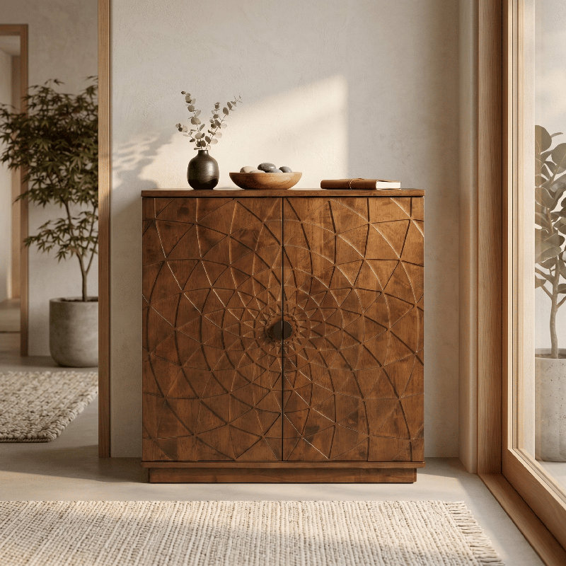 NTC BLOOM 2-Door Storage Cabinet, Solid Wood Designer Accent Cabinet with Hand-Carved Geometric Pattern Doors, Modular & Expandable Storage System for Living Room, Dark Walnut