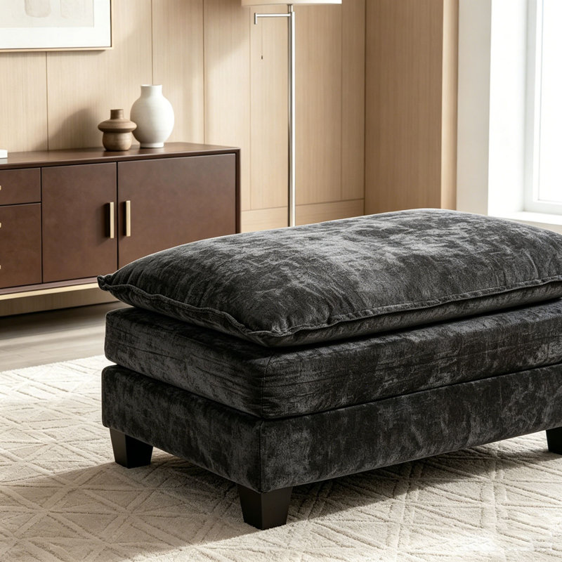 Cloud Chenille Ottoman With Double Layer Upholstered Seat Cushion For Living Room, Black