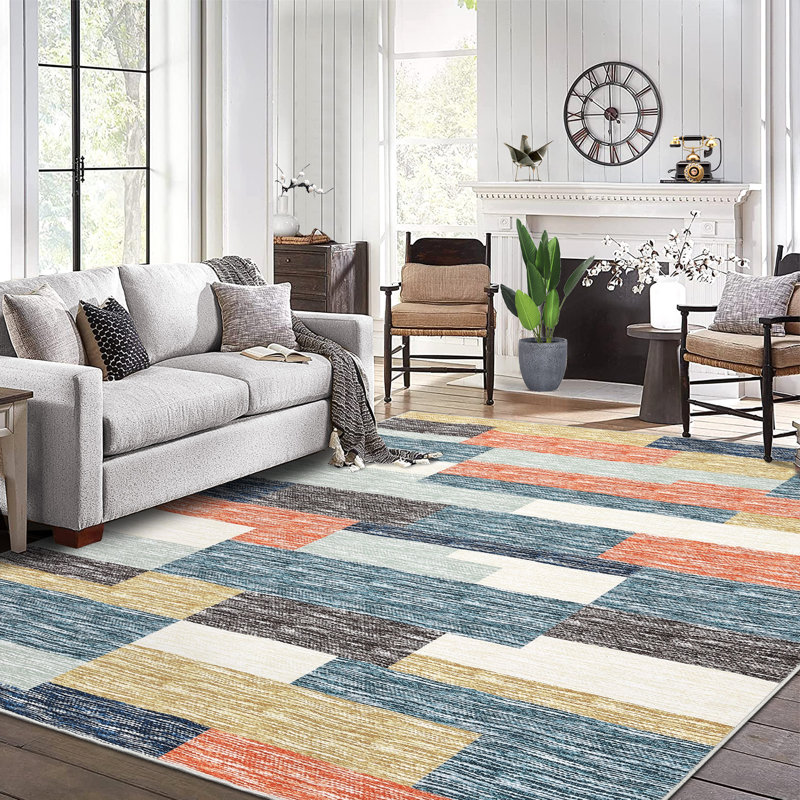 Geometric Machine Washable Area Rug with Rubber Backing for Living Room Plaid Non-Slip Rug Modern Indoor Carpet Non-Shedding Rug for Bedroom Dining Room Hallway Kitchen Office Playroom Nursery