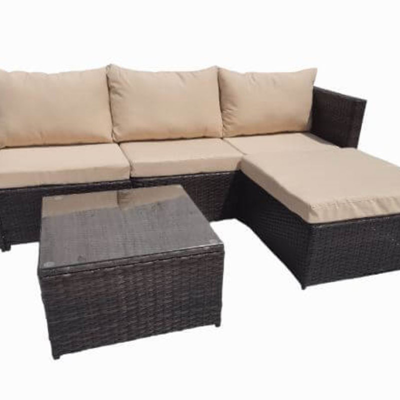 Hampus 3 Seater Rattan Brown/Beige Garden Sofa Set With Large Stool And Coffee Table