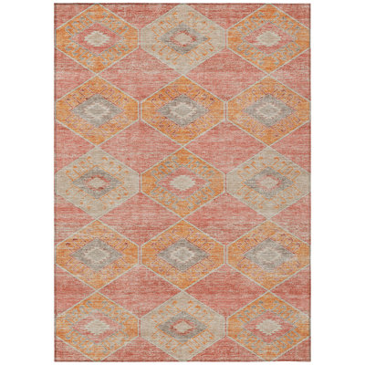 3' X 5' Coral And Gray Aztec Washable Indoor Outdoor Area Rug