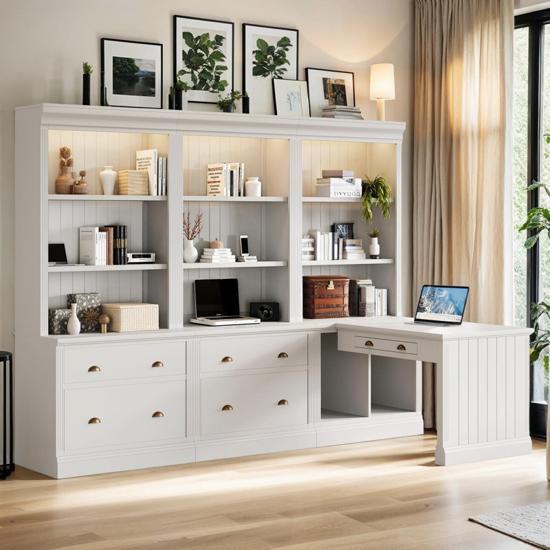 Modern 3-Piece Bookcase & Writing Desk Set, 83" Tall with LED Lighting, 5 Drawers & Adjustable Shelves, White MDF/Solid Wood