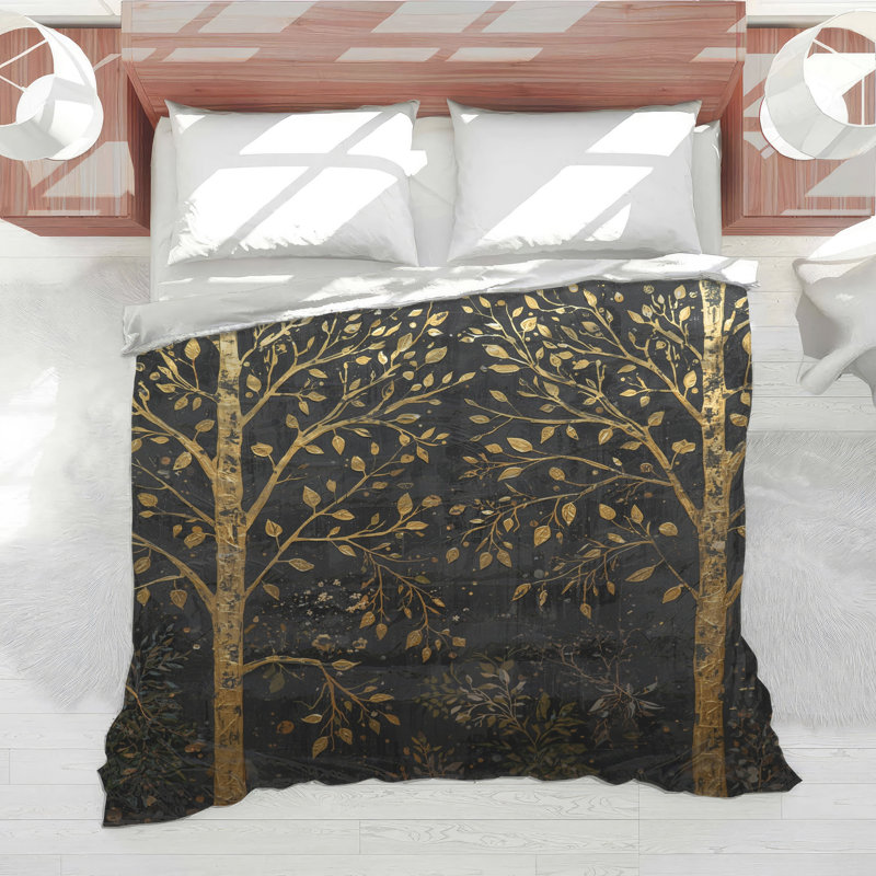 Golden Trees On Black Comforter, Twin