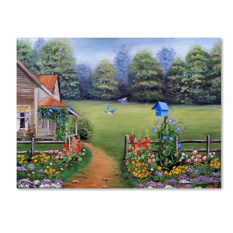 «Bluebird House» par Dugazon, reproduction de peinture à l'huile sur toile tendue, H 35 po x l 47 po x P 2 po