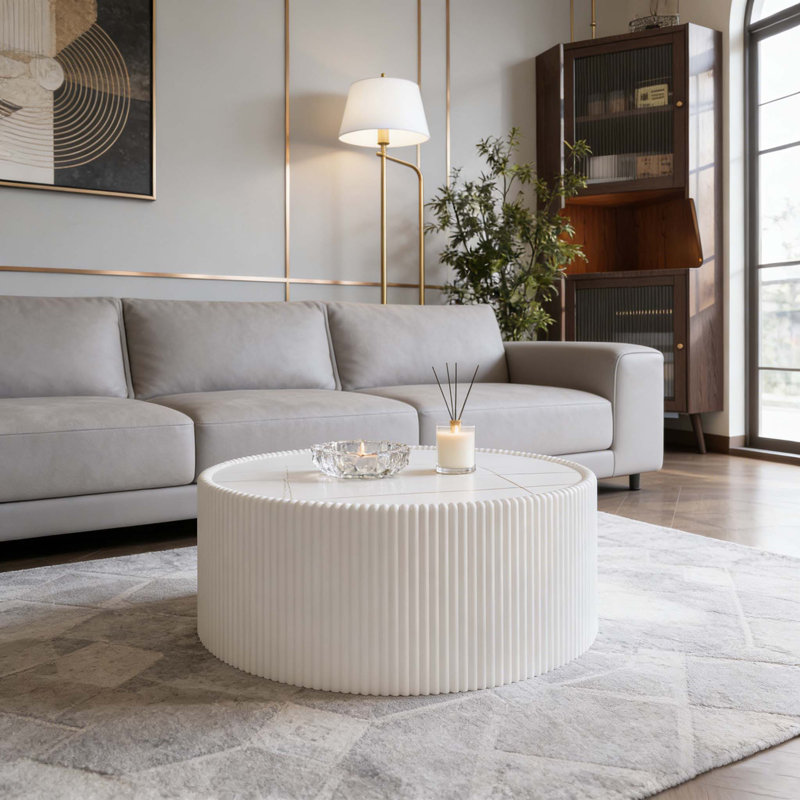 Table basse moderne en cuir fritté clair, H 14,56 po x L 29,52 po x l 29,52 po