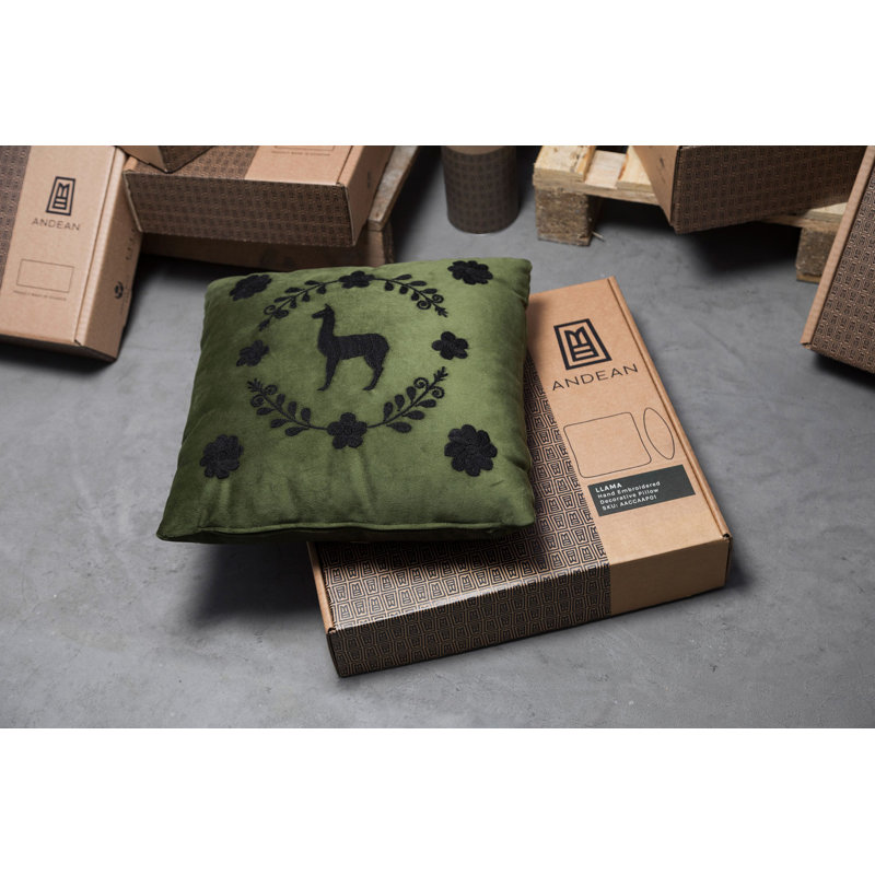 Llama Hand Embroidered Decorative Throw Pillows by Andean, In Stock, Green/Black